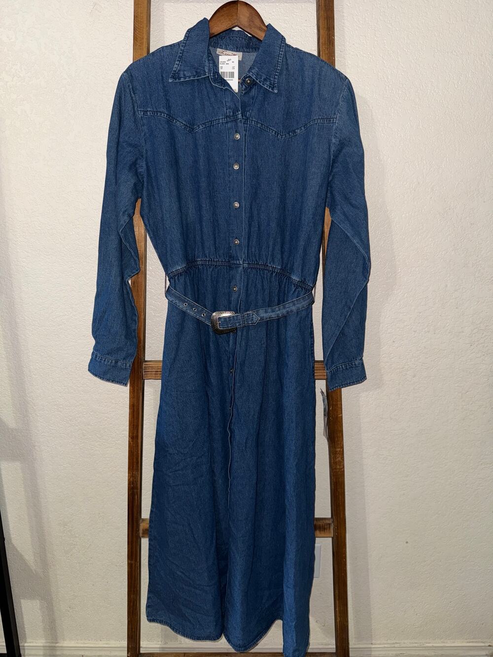 Lucille Blue Denim Shirt Dress Long Sleeve Belted Western Ranch Large USA made